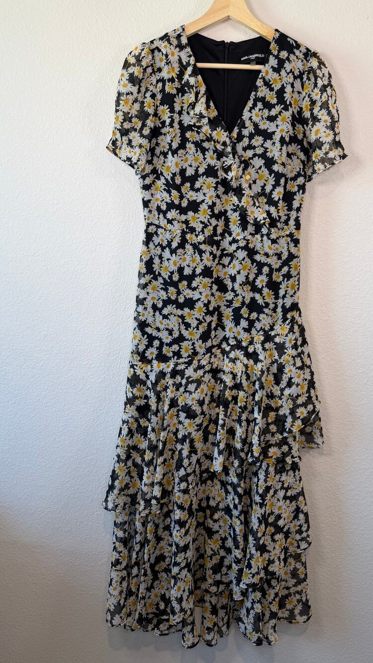 Karl Lagerfeld Paris Black Daisy Floral Asymmetrical Ruffle Midi Dress 4